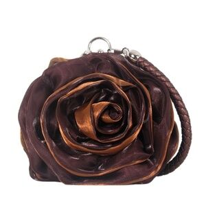 Brown Satine Rose Flower Clutch Handbag with Removeable Strap